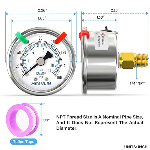 MEANLIN MEASURE 0~160Psi Dry Pressure Gauge Stainless Steel 1/4" NPT 2" FACE DIAL Waterproof for Air Compressor RV Regulator Water Pressure Tester Black Mount (with 2PCS Snaps)
