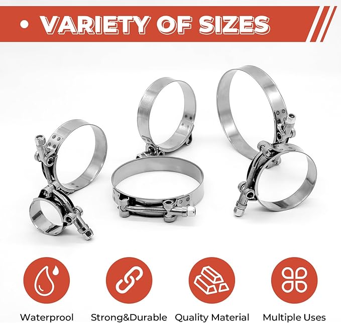 6 Pack 0.75 inch T-Bolt Hose Clamps, Stainless Steel_304 Working Range 28mm-34mm for 0.75" Hose ID, Turbo Intake Intercooler Clamp for Automotive