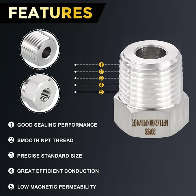 METALLIXITY 2PCS 1/2" Male NPT x 1/4" FeMale NPT Thread 304 Stainless Steel Hex Bushing Extension Tube Adapters Convert for Water Tub Spout/Shower