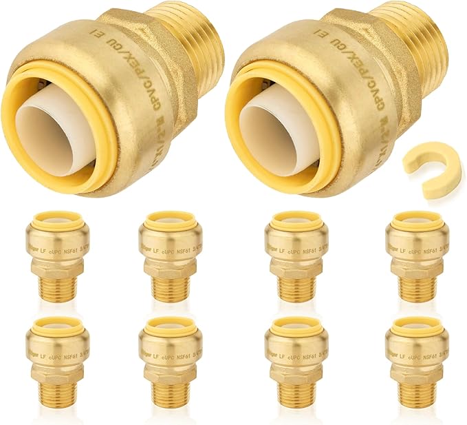 10-Pack HeSun Pushfit Male Adapter, 1/2" MNPT x 3/4" Push to Connect Plumbing Fittings with Disconnect Clip, Brass Push-fit Fittings for PEX, Copper, CPVC, PE-RT Pipes(PF132-10)