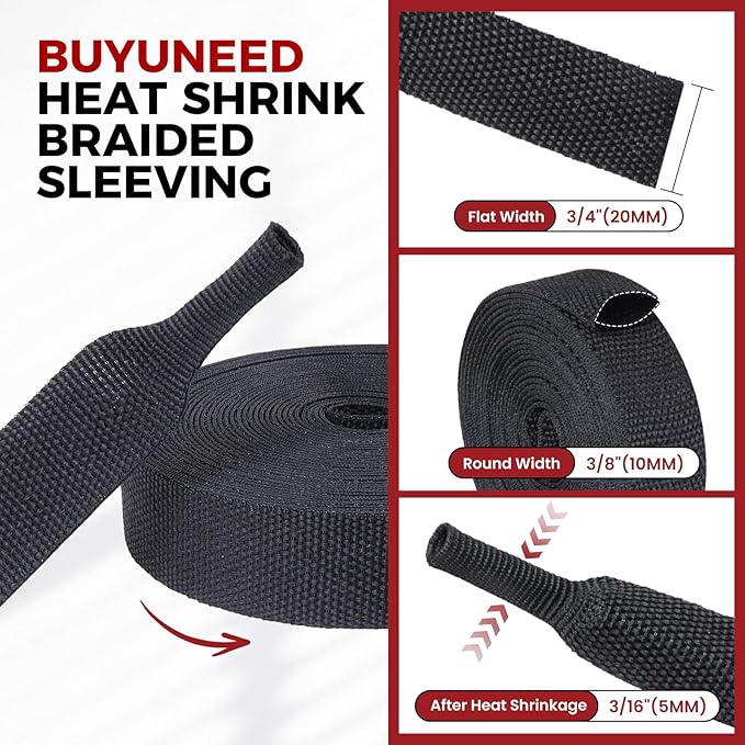 Braided Sleeving Heat Shrinkable Fabric 2:1 Ratio- Abrasion Protection Flexibility Wiring Harness Cable Sheath (3/8" ID, 16ft)
