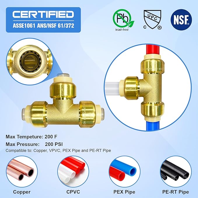 Pushfit Plumbing Fittings 1/2 Inch,Brass Push Fittings 1/2 Inch for Pex,Copper,CPVC,12PCS Coupling,10PCS Elbow,4PCS Tee Fitting,2PCS End Cap, Pack of 28 with Pipe Cutter,Deburring Tool,Disconnect Clip