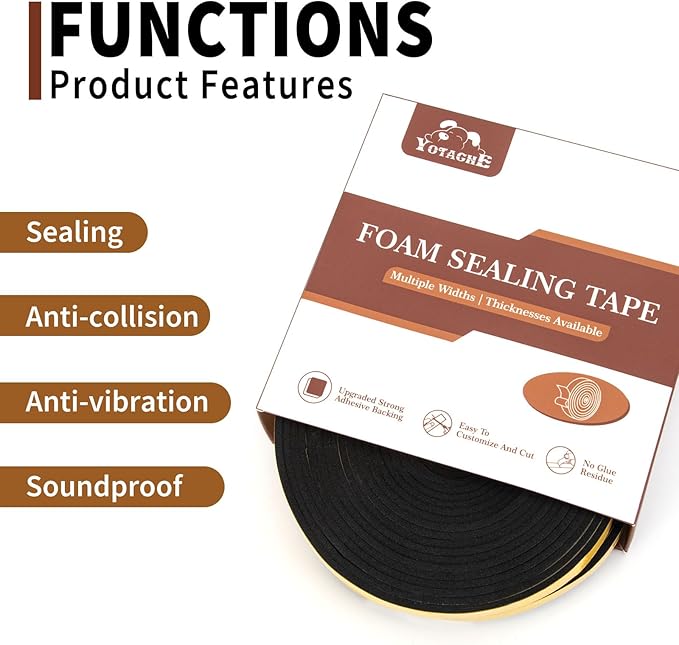 Yotache Neoprene Weather Stripping 2" W X 1/8" T (New Adhesive Craft), Self Adhesive Foam Rubber Seal Strip Tape for Door and Window, 16 Ft Length