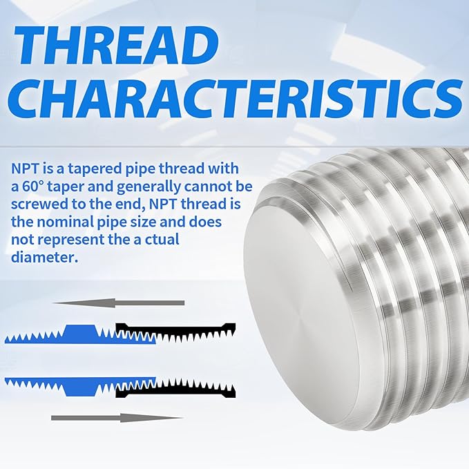 ChillWaves 304 Stainless Steel Pipe Fitting, Outer Hex Head Socket Pipe Plug Fitting，1/2" NPT Male，Thread Adapter(6-PACK)