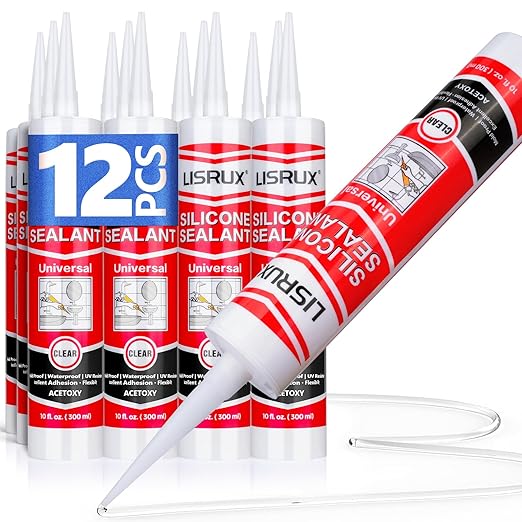 Clear Advanced Silicone Caulk & Sealant, 10Oz Cartridge, 100% Waterproof RTV Silicone Sealant for Kitchen and Bathroom, Shower, Toilet, Sink, Window and Door, Shrink & Crack Proof, 12 Pack