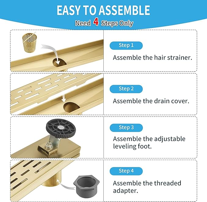 Linear Shower Drain, Brushed Gold Shower Drain 32 Inch with Removable Grate, SUS-304 Stainless Steel Rectangle Floor Drain with Leveling Feet and Hair Strainer, Bathroom Modern Drain SD-101