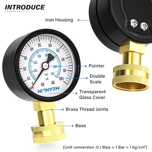 MEANLIN MEASURE 0-100psi Water Pressure Gauge, 3/4" Female 2.5" FACE DIAL Water Pressure Test Gauge with Sealing Ring, Water Pressure Gauge for Home