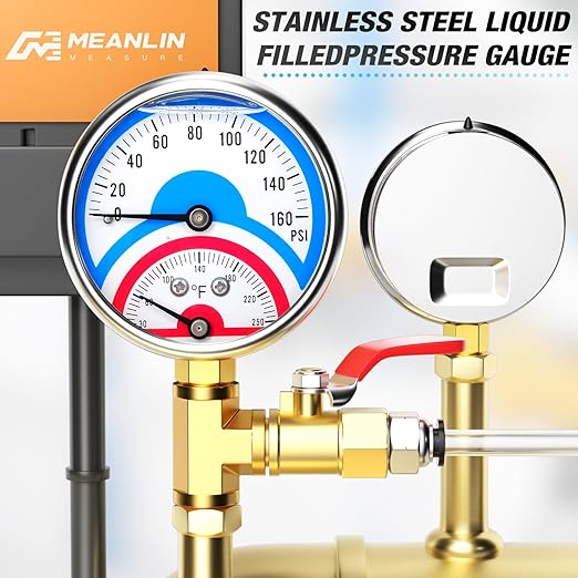 MEANLIN MEASURE 0-160Psi Stainless Steel Thermal Pressure Gauge 30-250℉ 1/4" NPT 2.5" FACE DIAL Liquid Filled Pressure Gauge, with 1/2" NPT and 3/8" NPT Hex Bushing, Lower Mount