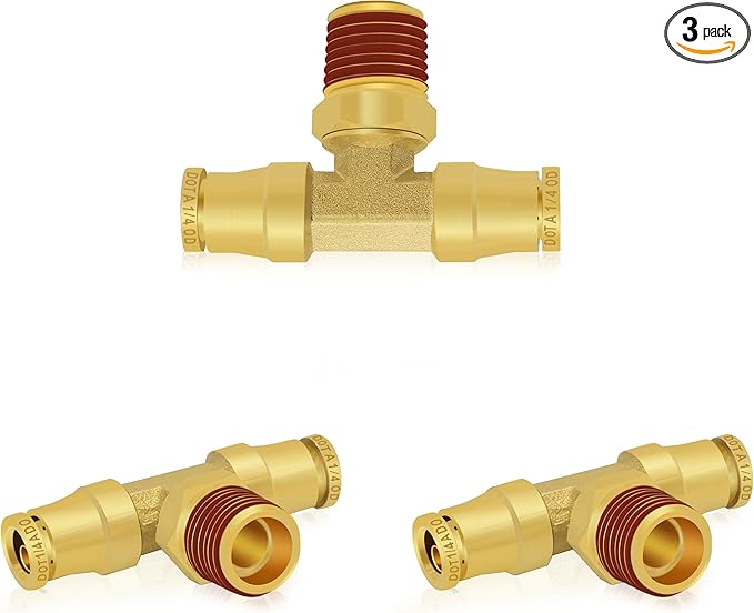 1/4" DOT Air Line Quick Connect Fittings, 3PCS Brass Push to Connect Fittings 1/4" Tube OD × 1/4" NPT Tee Union to Male Pipe Swivel for Truck Trailers Air Brake System
