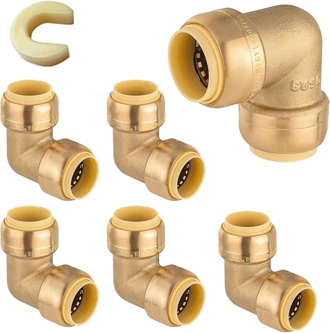 HeSun 6-Pack 3/4" Push-Fit Brass Elbow Fittings with Disconnect Clip for PEX, Copper, CPVC, PE-RT Pipes