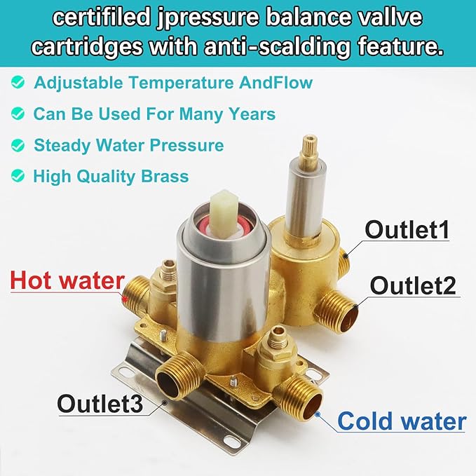 Wall Mount Brushed Nickel Pressure Balancing Shower Diverter Mixing Valve 3 Way Replacement Brass Mixer Kit