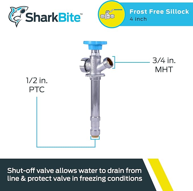 SharkBite 4 Inch Frost Free Sillcock, 1/2 x 3/4 Inch MHT, Push to Connect Brass Plumbing Fitting, PEX Pipe, Copper, CPVC, PE-RT, HDPE, 25743LF