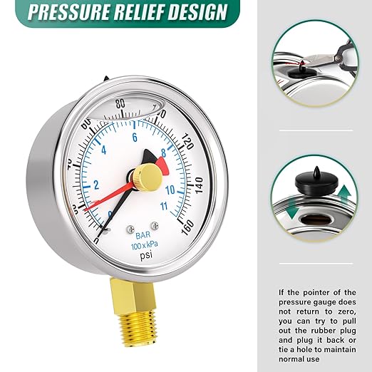 0-160PSI Stainless Steel with Reset Pointer Liquid Filled Pressure Gauge, 2.5" Dial Size, 1/4" NPT Lower Mount, for Tube, Water Pump, Gas, Liquid, Pressure Test