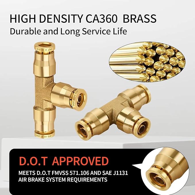 3/8" Brass Push to Connect Fittings Tee Union Dot Approved Air Brake Quick Connect Fittings Air Line Fittings Air Suspension Kit for Truck Trailers and Air Brake System 2Pcs