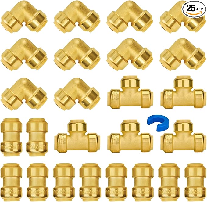 SUNGATOR Plumbing Fittings 3/4 Inch, Push Pex Fittings 3/4", 10 Each Coupling and 90 Degree Elbow, Tee (5 PCS), No Lead Brass Push to Connect Pex Pipe, Copper, CPVC, with 1 Disconnect Clip, Pack of 25