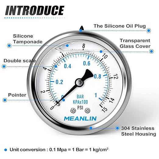 MEANLIN MEASURE 0~15Psi Stainless Steel 1/4" NPT 2.5" FACE DIAL Liquid Filled Pressure Gauge WOG Water Oil Air Center Back Mount, with 1/4" x 1/2" NPT and 1/4" x 3/8" NPT Hex Bushing