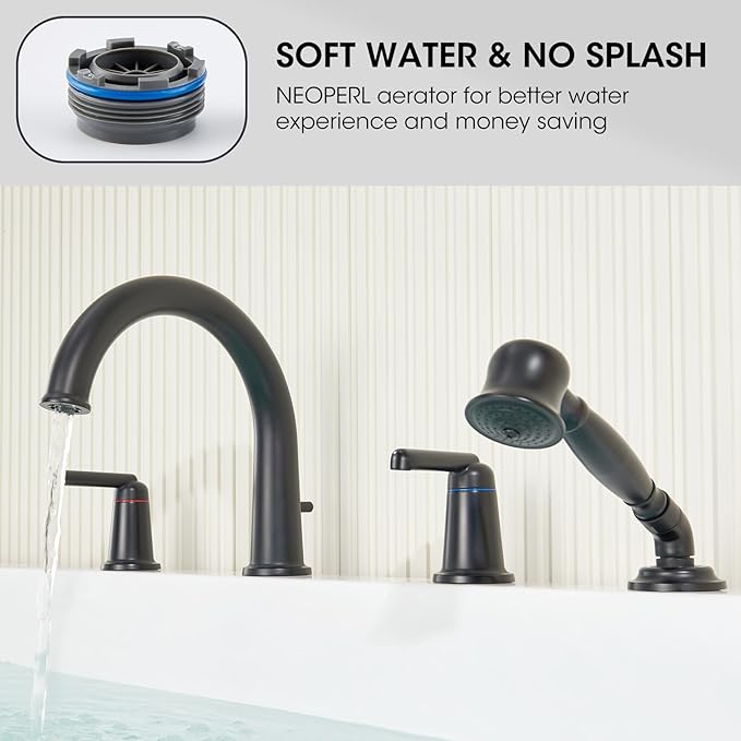 Roman Tub Faucet Set with Hand Shower, KRUZOO Bathtub Faucet Set Trim Kit with Rough-in Valve, Deck Mount Widespread 4 Hole Brass Tub Filler, KZ-9608BK, Matte Black