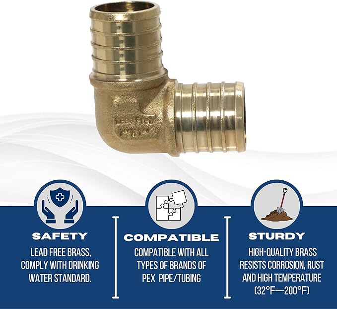 XFITTING Pex 1 Inch x 1 Inch Pex Elbow Brass Crimp Fitting, 23-1-2=10X, 10 Pieces