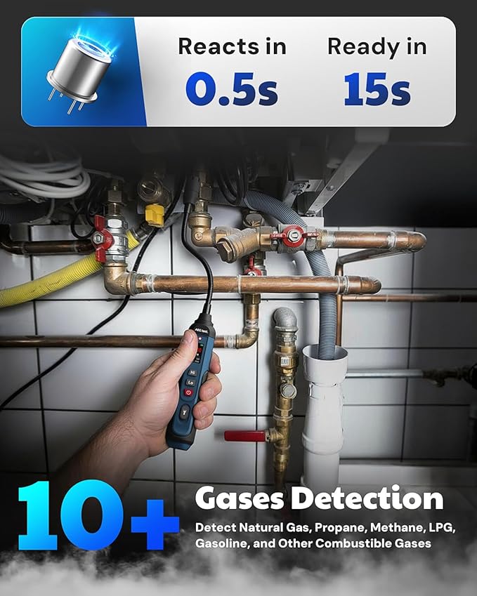 AGT-1988PRO Rechargeable Natural Gas Detector, Gas Leak Detector with 6.9-Inch Neck, TFT Color Display, 0–9999PPM Range for Combustible Leaks Like Propane, Methane for Home & RV - Blue
