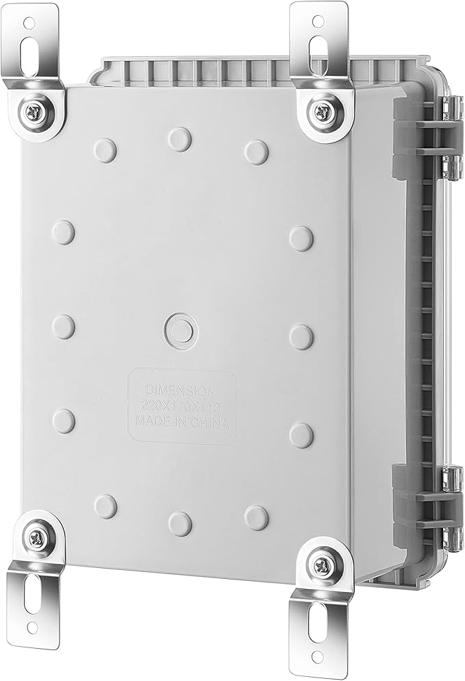 Junction Box, IP67 Waterproof Plastic Enclosure for Electrical Project, Hinged Transparent Cover, Includes Mounting Plate and Wall Bracket 220×170×110mm (8.6"×6.7"×4.3" TC)