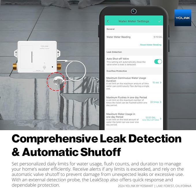 YoLink LeakStop 1-Channel, 3-Pack, Auto Shutoff Valves & Leak Detectors for Toilets/Sinks, Real-Time Monitoring, LoRa Long-Range, 2 AA Up to 5-Year Battery – Hub Required