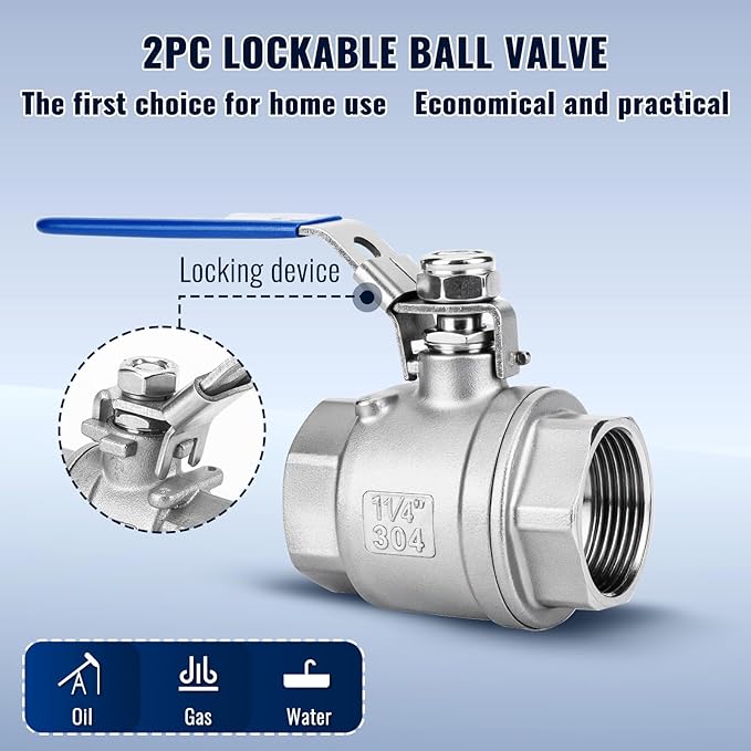 2 Pack 1-1/4" Ball Valves NPT Female Valve 304 Stainless Steel Full Port Locking Ball Valve Handle, Heavy Duty Shut Off Valve for Home and Industrial (1-1/4 Inch)
