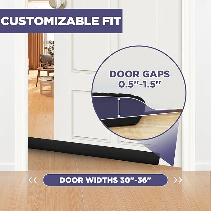 Premium Velvet Door Draft Stopper, 30'' to 36'' Adjustable Gap Filler, Double-Sided Windproof Seal, Easy Install to Block Noise, Cold Air, Light, Dust, and Drafts