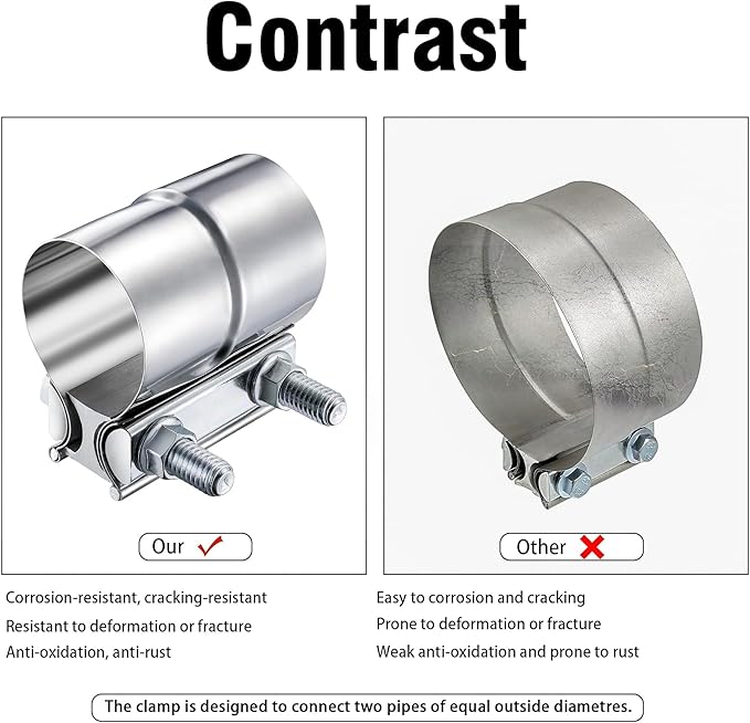 2 Pack 3 Inch Lap Joint Exhaust Band Clamp, 304 Stainless Steel Exhaust Muffler Clamp, Exhaust Pipe Clamps Sleeve Coupler for Exhaust Pipes, Mufflers and Catalytic Converters