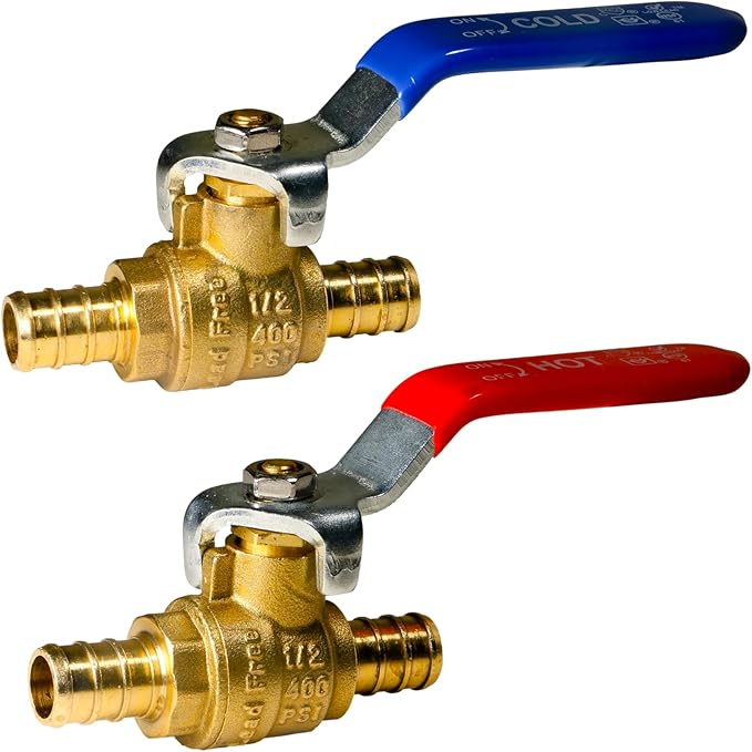 10 PACK XFITTING HOT (RED) COLD (BLUE) OF 1/2" PEX BRASS FULL PORT SHUT OFF BALL VALVE - 1/4" TURN (LEAD-FREE BRASS)