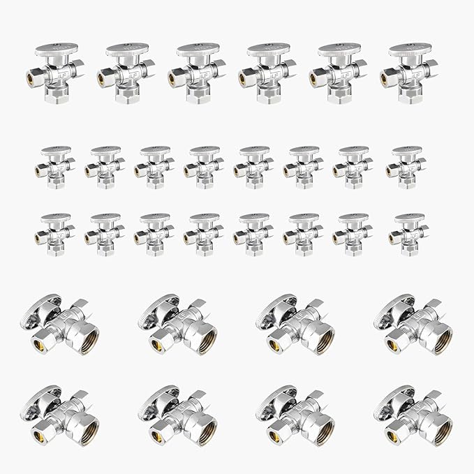 30-Pack GUOFIS Angle Stop Valve with Dual Compression Outlet,1/2" Fip Iron Pipe Inlet x (3/8" x 3/8") Outlet Shut-off Valves(1/4 Turn,Chrome)(VALVE369-30Pack)