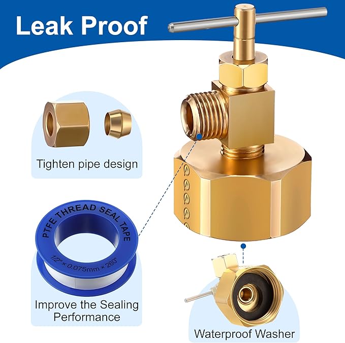 Enhon 3/4 Female Garden Hose Thread by 1/4 Compression Needle Valve Brass Adapter, Brass Adapter with Washer and PTFE Thread Seal Tape, Water Hose Tool for Swamp Cooler Ice Maker