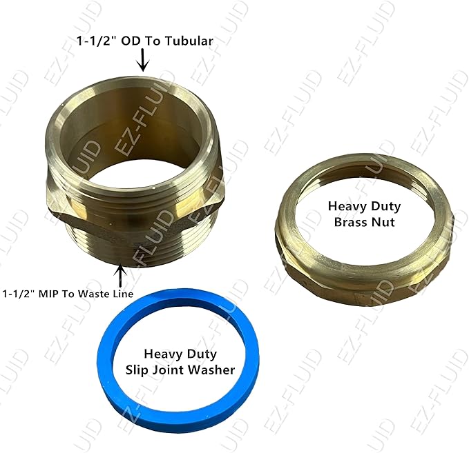 EZ-FLUID 1-1/2" MIP x 1-1/2 "OD Slip Joint Connection Brass Heavy Duty Waste Male Trap Adapter,Under Sink Waste Drain Line Connector with Brass Nut and Heavy Duty Blue Washer(1)