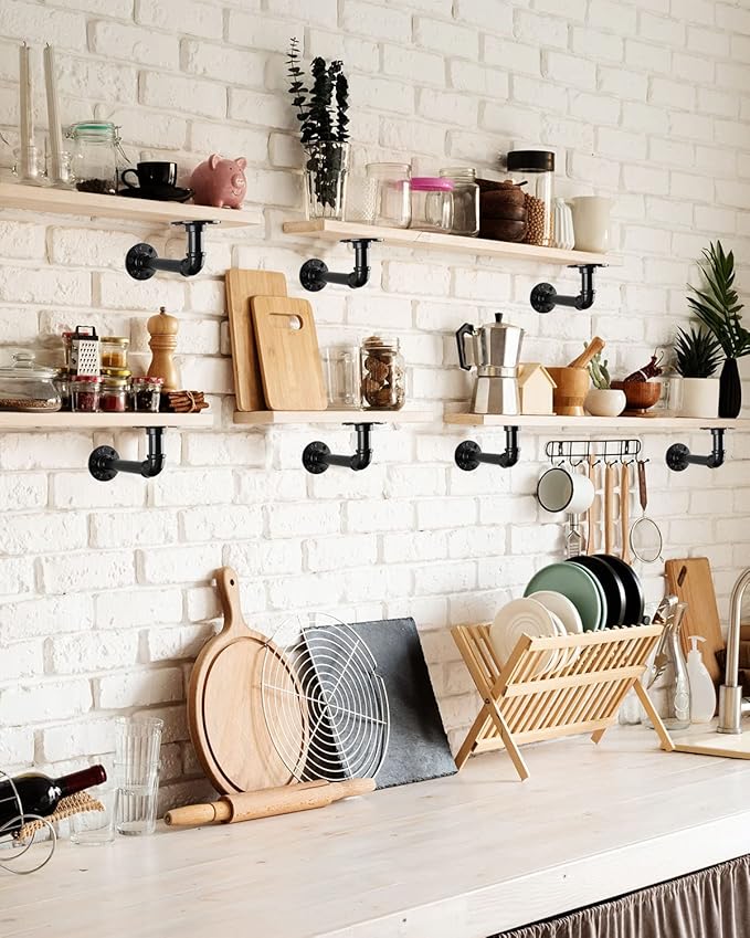 MUZIK Industrial Pipe Shelf Brackets, Wall Mount Floating Shelf Bracket Heavy Duty L Pipe Shelving Brackets for Shelves- Vintage Black Iron Finish DIY Pipe Shelf (7*4 Inch)