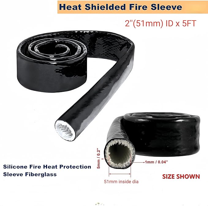 2"(51mm) ID Heat Shielded Fire Thermo Armor Fire Sleeve Silicone Coated Fiberglass for Automotive Hose Cable Lines & Electrical Wiring Black, 5feet