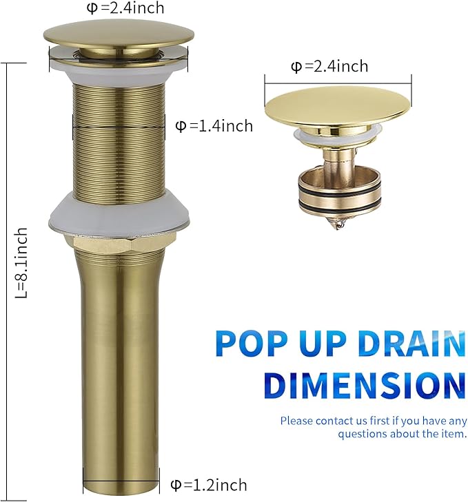 BWE Brushed Gold Pop Up Drain for Bathroom Sink Without Overflow Bathroom Sink Stopper Assembly with Sink Drain Strainer, Brass