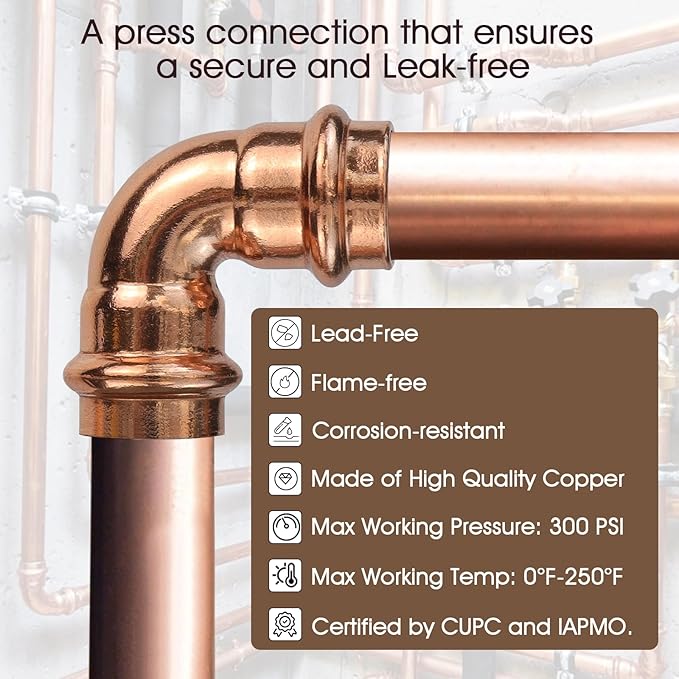 Copper Press Fittings 1/2inch Copper Coupling with Stop&Copper 90 degree Elbow with 1/2”PxP&1/2"Coppers Press Tee Fitting,6PKPress Fittings Coupling+6PK 90 Degree Elbow+3PK Coppers Tee Fitting,OD 5/8"