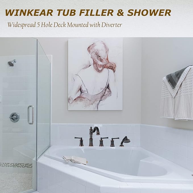 Roman Tub Faucet Set With Handheld Shower 5 Hole Deck Mount Tub Filler With Diverter, 3 Lever Handle Rough-in Valve and Water Supply Lines Included for Bathroom Tub, ORB