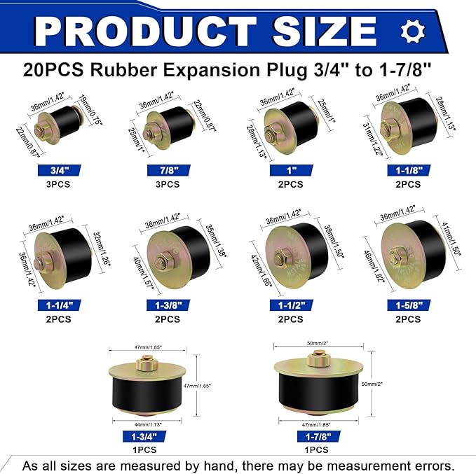 20PCS Expansion Freeze Rubber Plugs Kit,10 Sizes Automotive Engine Rubber Expandable Freeze Plugs Fit Hole 3/4" 7/8" 1" 1-1/8" 1-1/4" 1-3/8" 1-1/2" 1-5/8" 1-3/4" 1-7/8"