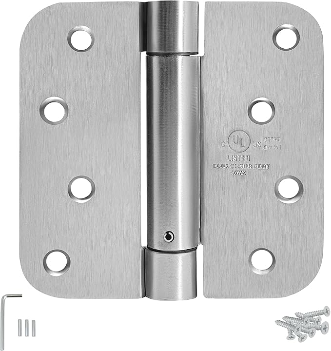 4 Inch Self Closing Satin Nickel Door Hinge 5/8" Radius Corner 3pack, Adjustable Tension for Garage, Front Door, Back Door, Left and Right Hand Door, UL Listed