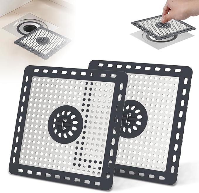 Hibbent 2 Pack Shower Drain Hair Catcher, Shower Drain Cover for Bathroom Floor 6" Drain, Anti-Clogging Bathtub Drain Strainer, Stainless Steel Kitchen Sink Drain Strainer with Handle, Dark Grey