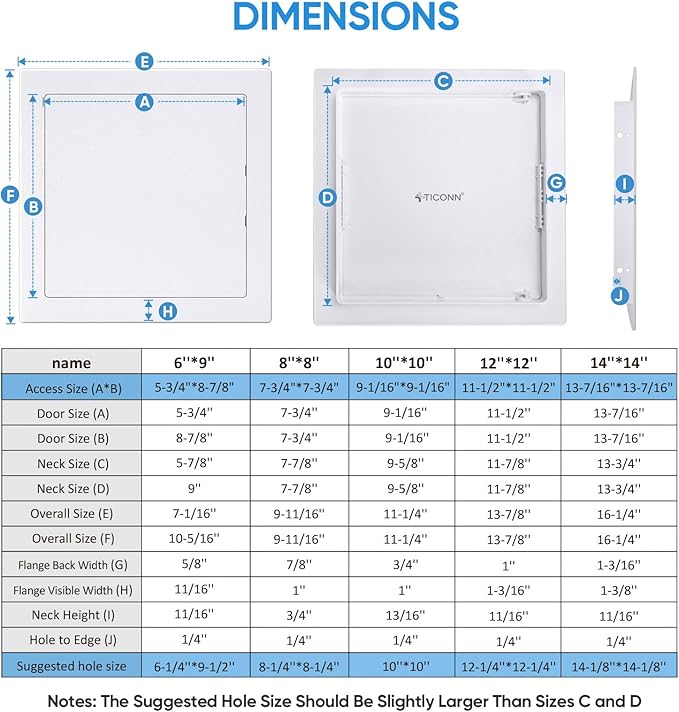 TICONN Access Panel for Drywall, 10 x 10 Inch ABS Plastic Wall Hole Cover Access Doors, Easy Install Plumbing Wall Panel for Drywall, Ceiling, Wiring and Cables