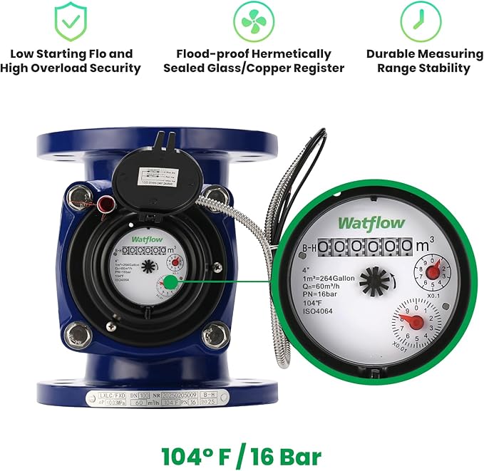 Watflow 4" WoltmannHelix Water Meter,Detachable Water Meter,Pulse Output, Epoxy-Coated Cast Iron,Resistant Seals（Cubic,Non-Potable Use）