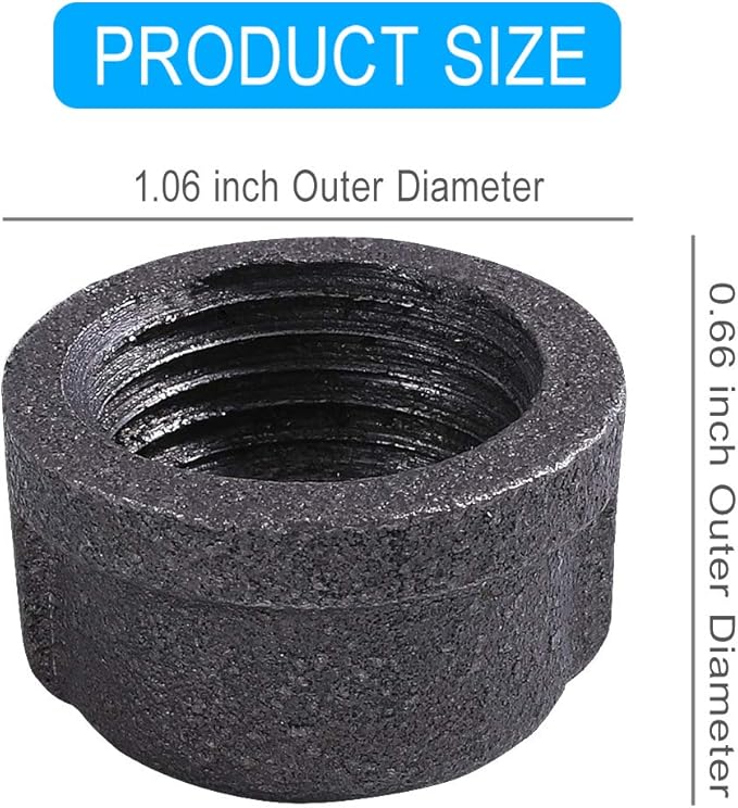 1/2 Inch Malleable Cast Iron Pipe Cap, DIY Retro Furniture Threaded Pipes and Fittings, 10 Pack 1/2 Inch Pipe Cap.