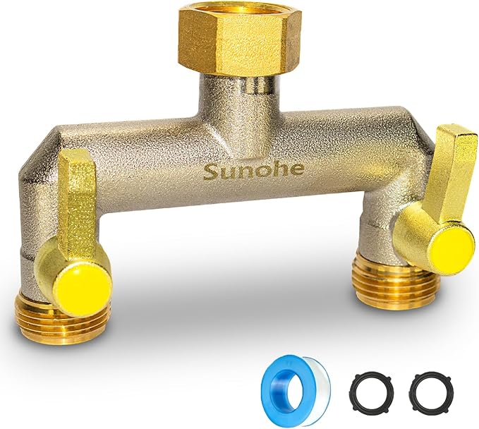 Garden Hose Splitter, Water Hose Splitter 2 Way Heavy Duty Brass Nickel Plated, Extended Metal Handle 3/4-Inch Hose Manifold, Rust and Freeze Resistant High Flow Outdoor Faucet Splitter