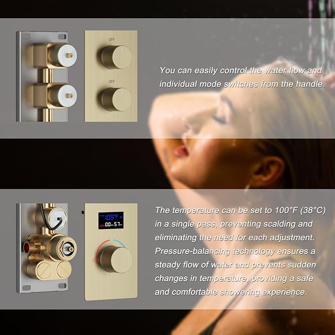 Shower Valve Concealed Shower Mixing Faucet with Temperature Display Function, Flow Control Brass Diverter Valve Kit, 5 Function Can Be Activated Simultaneously, Brushed Gold