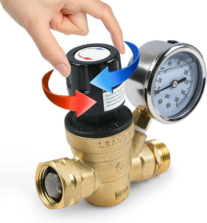 U.S. Solid 3/4" GHT RV Water Pressure Regulator, Handwheel Adjustable Lead-Free Brass Regulator Valve with Gauge & Filter for RV, Camper & Garden Hose