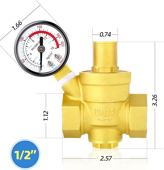 MEANLIN MEASURE 1/2 inch brass Water pressure regulating valve, pressure regulating valve, pressure reducing valve, DN15, with 0-220PSI pressure gauge