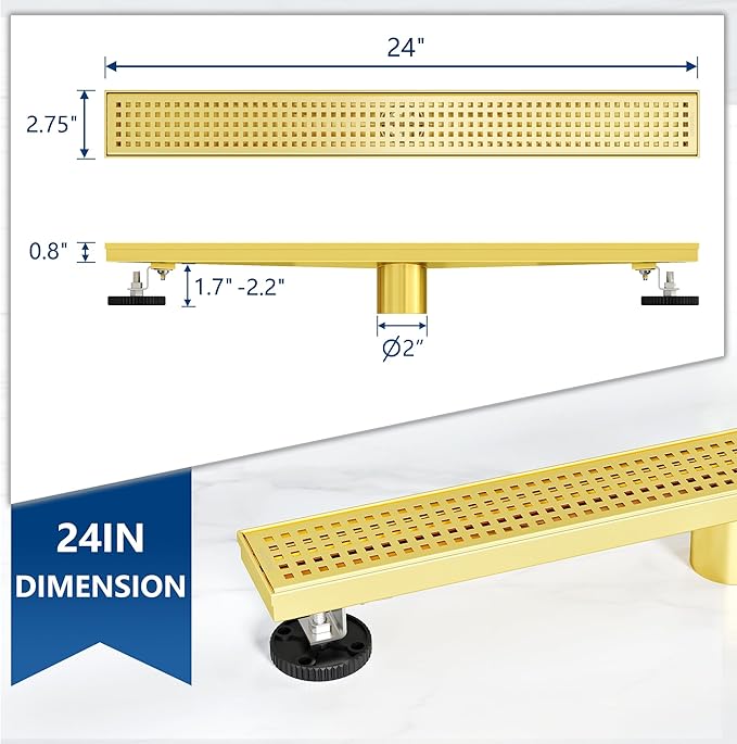 Neodrain 24-Inch Brushed Brass Linear Shower Drain with Removable Quadrato Pattern Grate, 304 Stainless Steel Gold Rectangle Shower Floor Drain, Bathroom Linear Drain & Hair Strainer, CUPC Certified
