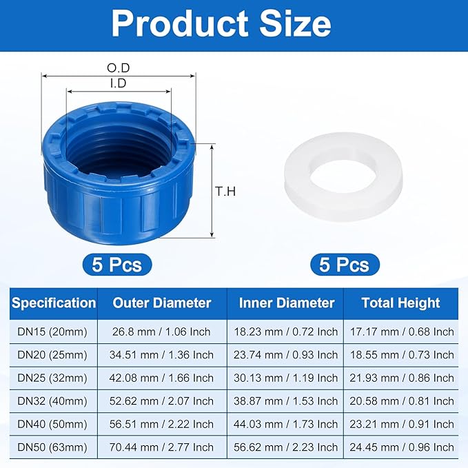 uxcell 5Pcs 3/4 Inch PT Female Thread PVC Pipe Fitting Cap, Cleanout Water Drain End Caps, Pipe Plug Socket Fittings with Gasket for Water Heater Supply Lines, Plumbing, Blue