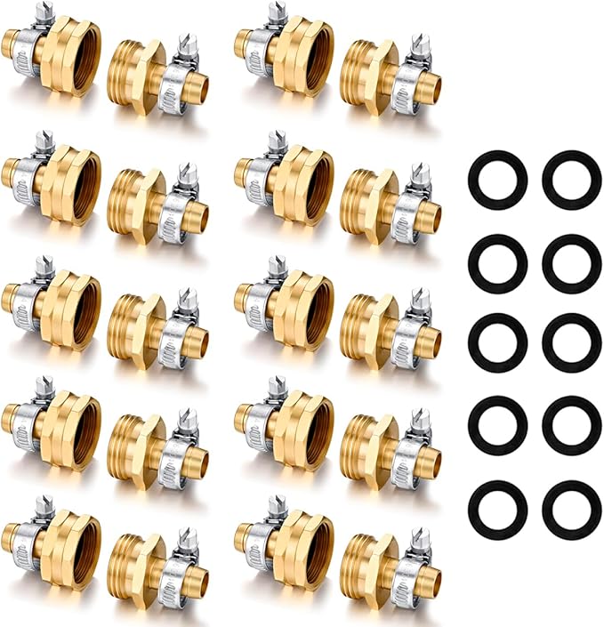 Garden Hose Repair Connector with Clamps Hose End Repair Kit, 1/2"Barb Garden Hose Fittings Male and Female brass garden hose ends (1/2"Barb-10 Set)